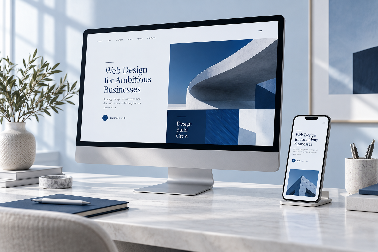 Modern navy and blue website design displayed on a desktop computer and smartphone